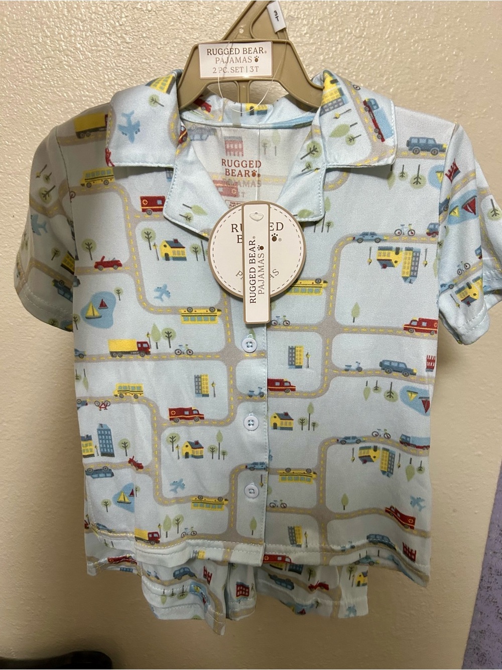 Light Blue Kids Pajama Set with Roadway Print